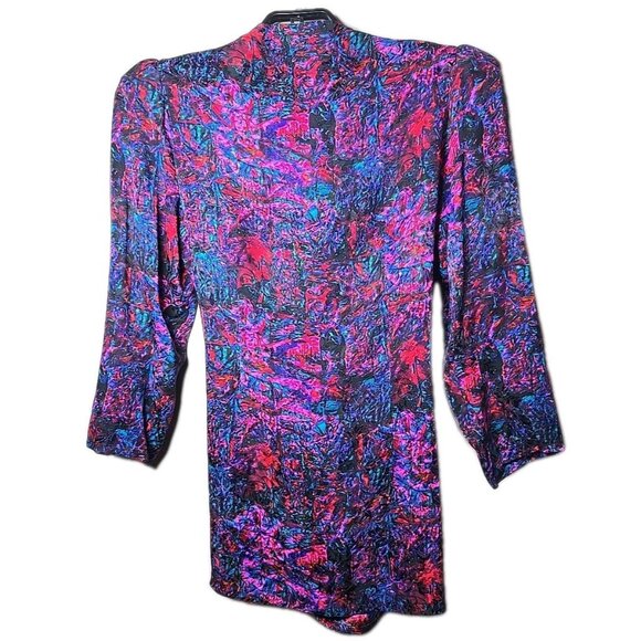 Vtg 80s Flora Kung New York Silk Wrap Blouse Abstract Print Shoulder Pads Sz 14 - Picture 2 of 7